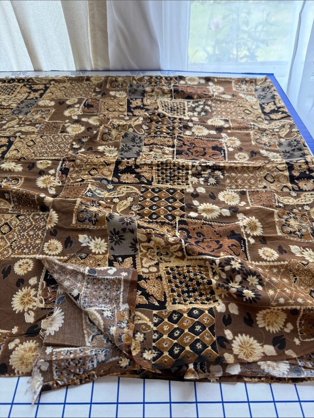 Vintage 1970s Patchwork Print Fabric Brown Floral Paisley 4+ Yards x 50